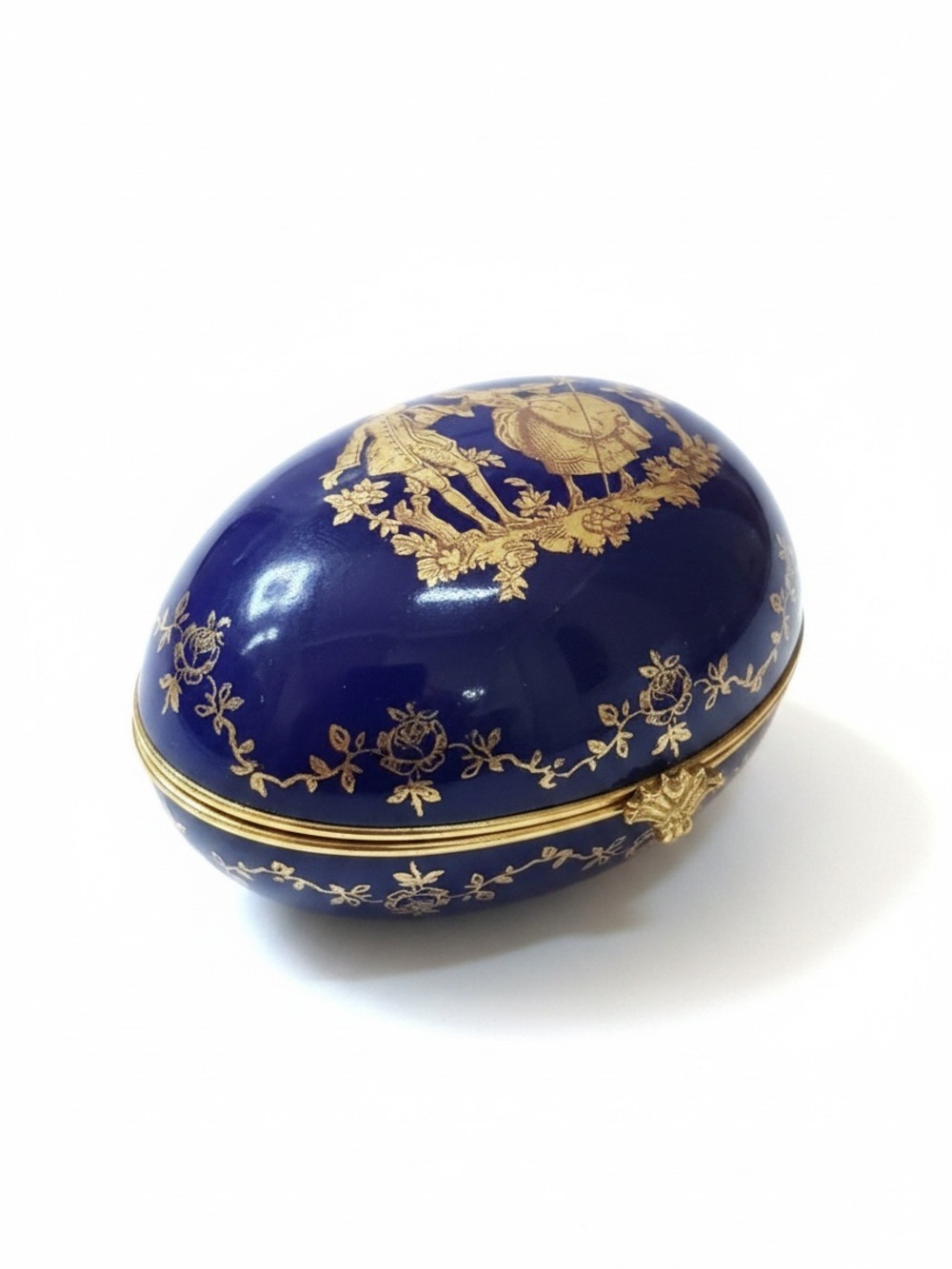 Limoges France Cobalt Blue Porcelain Egg Trinket Box Gold Romantic Scene